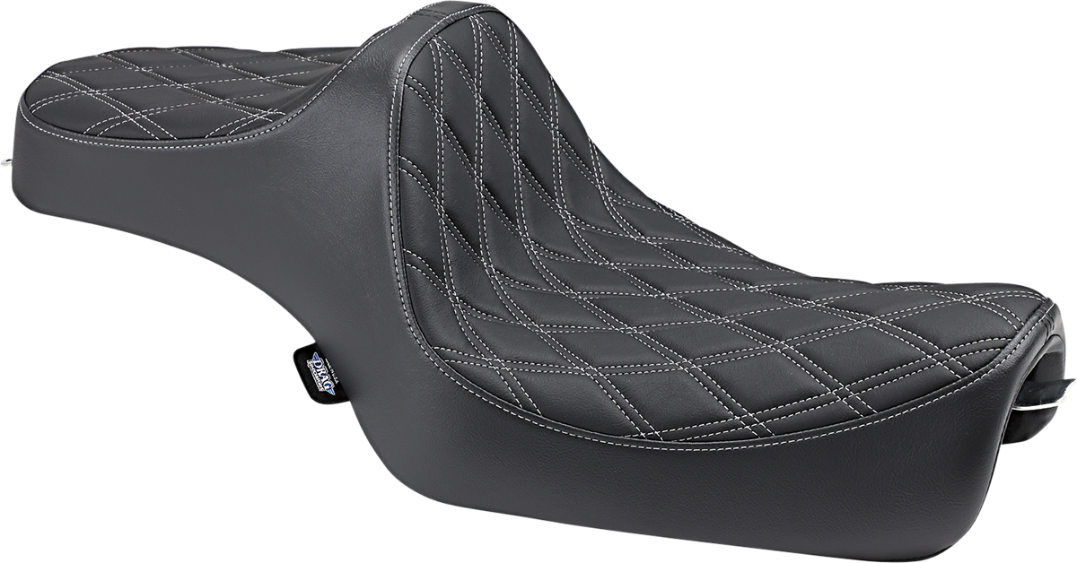 Drag Specialties Predator III seat for Harley-Davidson XL '04-'22, silver stitching with mounting hardware, double diamond design.