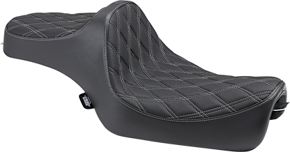 Drag Specialties Predator III seat for Harley-Davidson XL '04-'22, silver stitching with mounting hardware, double diamond design.