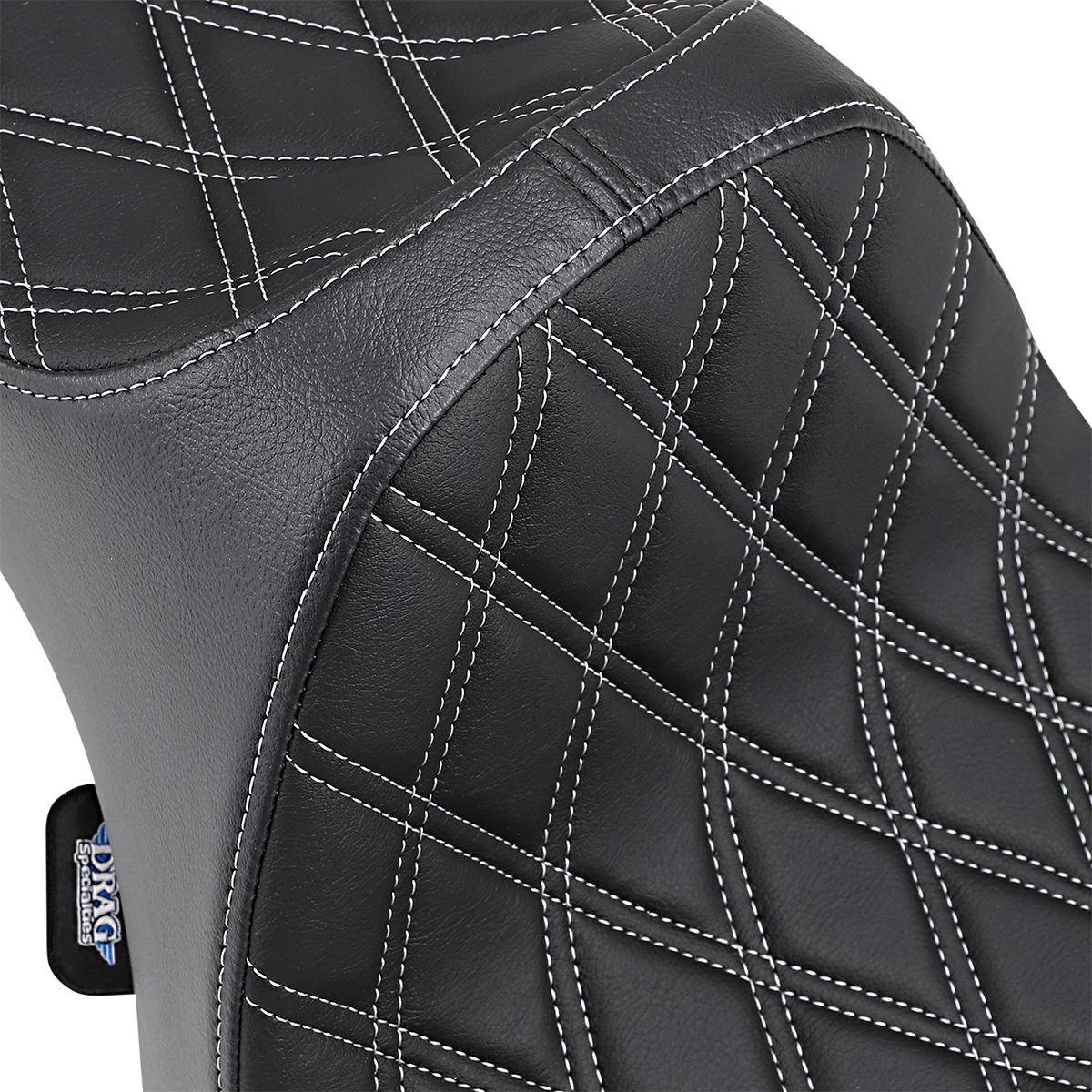 Drag Specialties Predator III motorcycle seat with double diamond silver stitching for Harley-Davidson XL models '04-'22, includes mounting hardware.