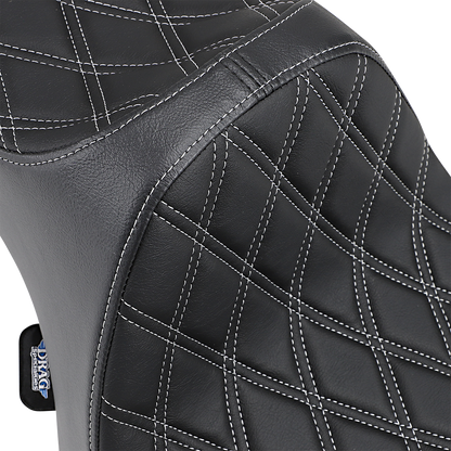 Drag Specialties Predator III motorcycle seat with double diamond silver stitching for Harley-Davidson XL models '04-'22, includes mounting hardware.
