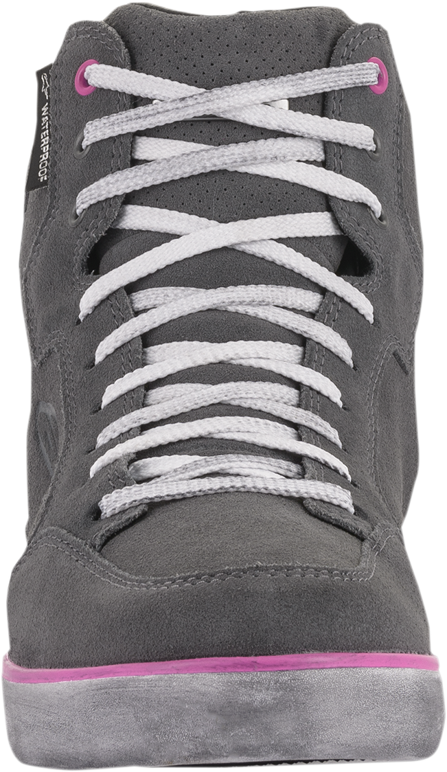Alpinestars J-6 waterproof women's shoes in gray and pink featuring full grain leather and suede, street style footwear.