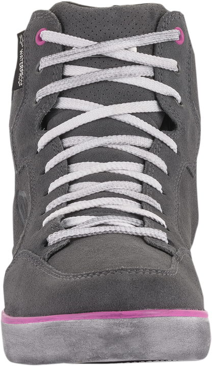 Alpinestars J-6 waterproof women's shoes in gray and pink featuring full grain leather and suede, street style footwear.