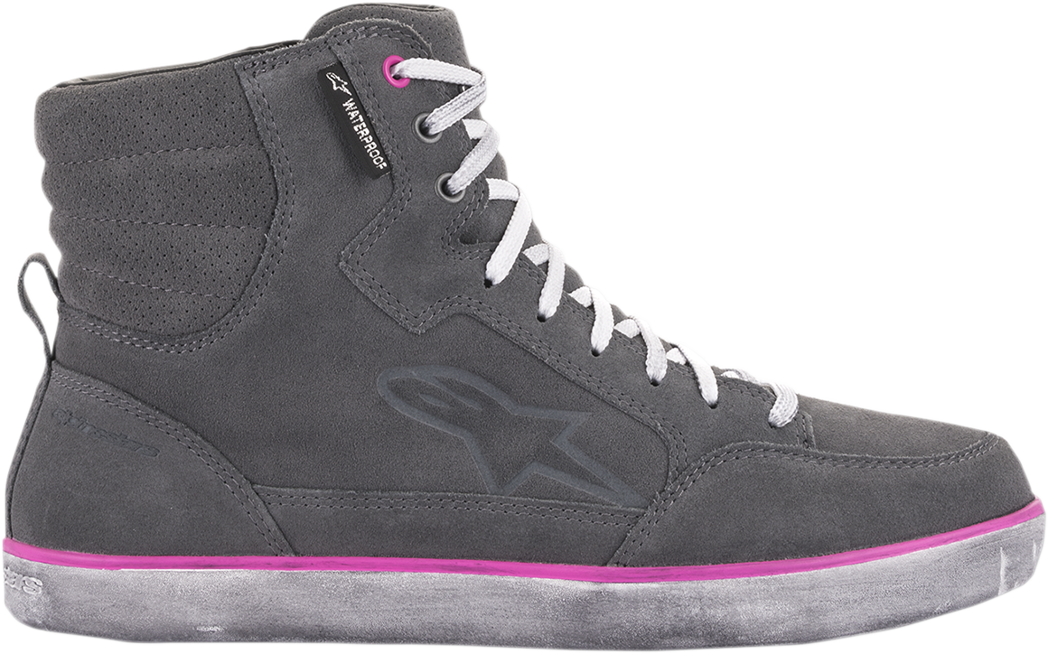 Alpinestars J-6 waterproof women's shoes in gray and pink with full grain leather and suede, street style footwear.