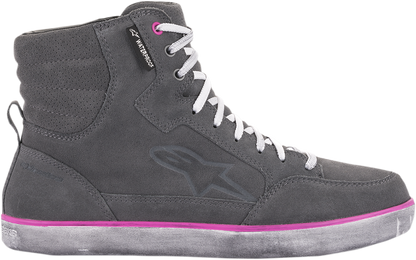 Alpinestars J-6 waterproof women's shoes in gray and pink with full grain leather and suede, street style footwear.