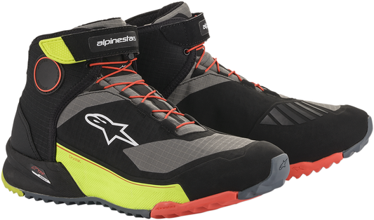 Alpinestars CR-X Drystar® motorcycle shoes in black, red, and yellow fluorescent with weather protection and comfort features.
