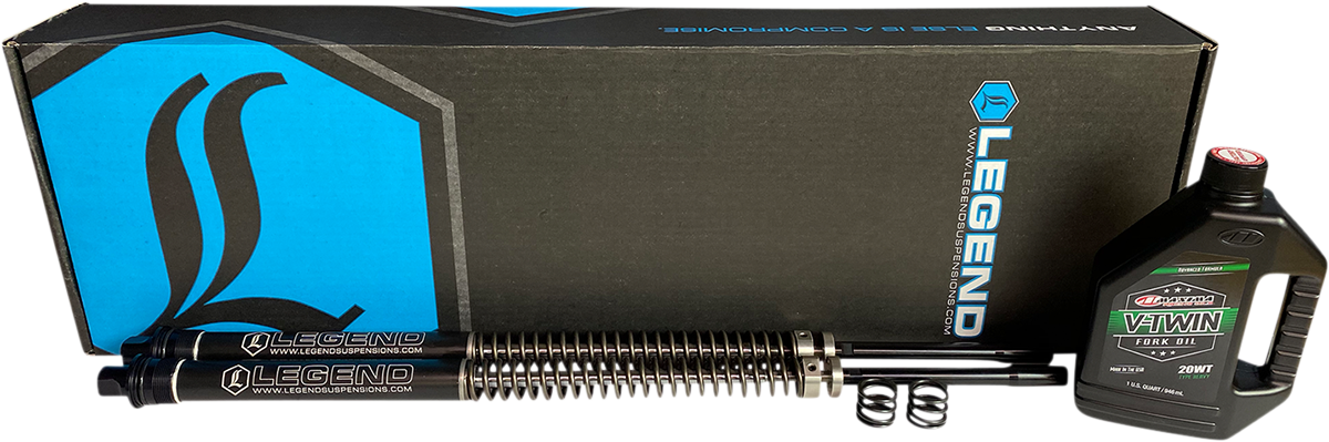 Legend Suspension AXEO front end suspension for Softail bikes, black 41mm diameter, part number 0414-0600, close-up view.