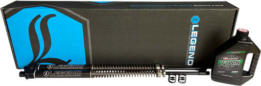 Legend Suspension AXEO front end suspension for Softail bikes, black 41mm diameter, part number 0414-0600, close-up view.