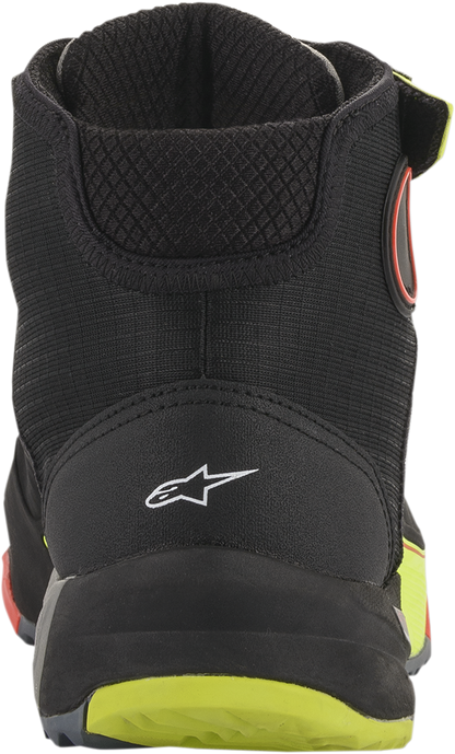 Alpinestars CR-X Drystar® motorcycle shoes in black, red, and yellow fluorescent with US size 12, showing side view and branding.
