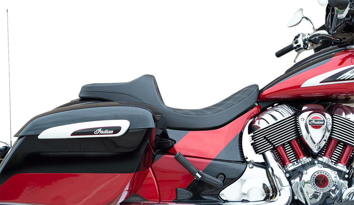 DRAG SPECIALTIES SEATS Predator III motorcycle seat for Indian 2014-2022 with double diamond silver stitching, shown from the side.
