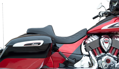 DRAG SPECIALTIES SEATS Predator III motorcycle seat for Indian 2014-2022 with double diamond silver stitching, shown from the side.