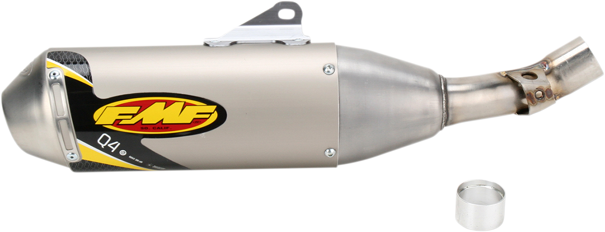 FMF Q4 muffler for off-road motorcycles, high-performance exhaust with a sleek design and quiet power output.