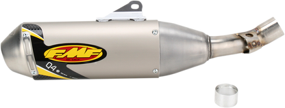 FMF Q4 muffler for off-road motorcycles, high-performance exhaust with a sleek design and quiet power output.