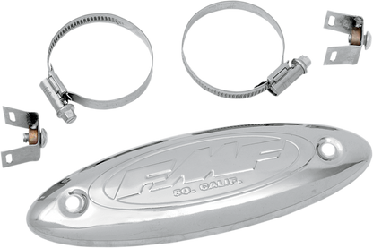 Stainless steel FMF Universal Header Heat Shield installed on motorcycle exhaust system, protects against heat and enhances appearance.