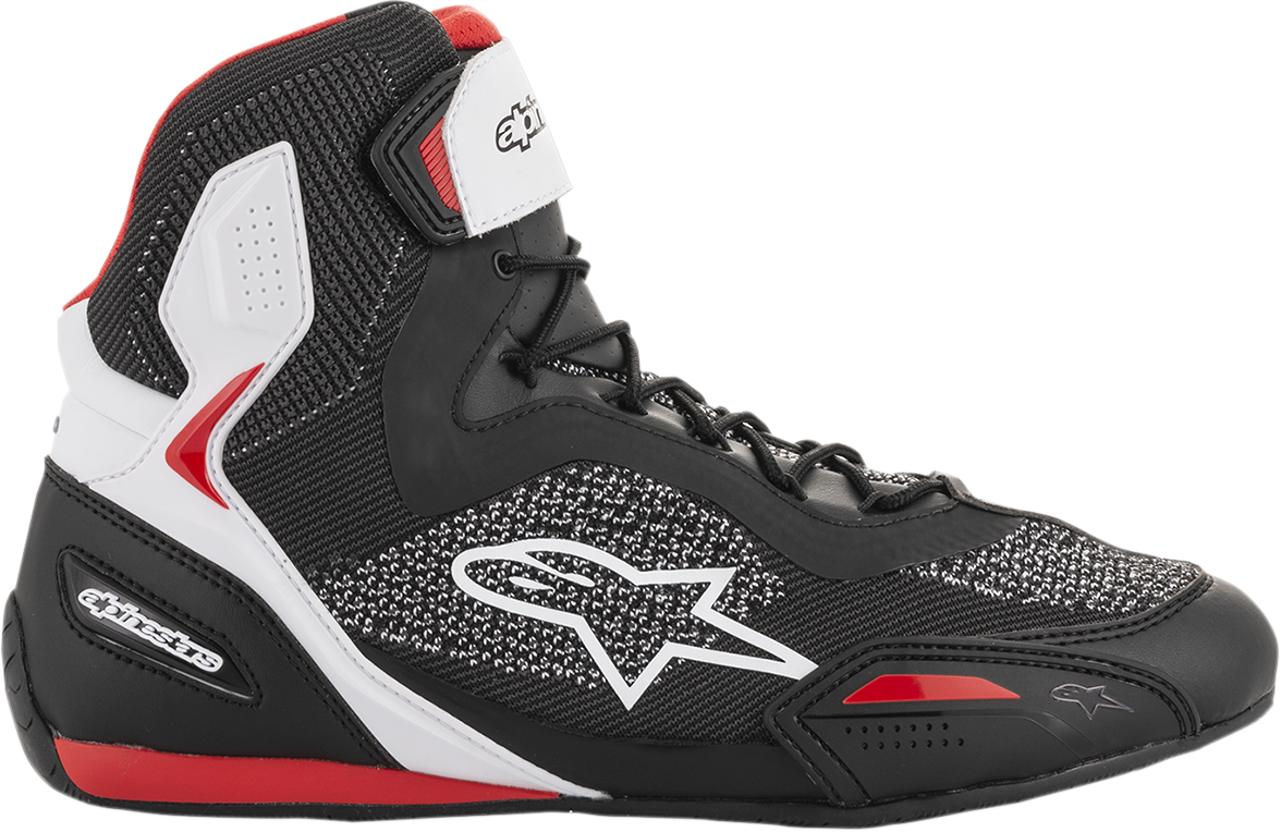 Alpinestars Faster-3 Rideknit road racing shoes in black, white, and red, US size 8, side view showing sleek design and sporty look.