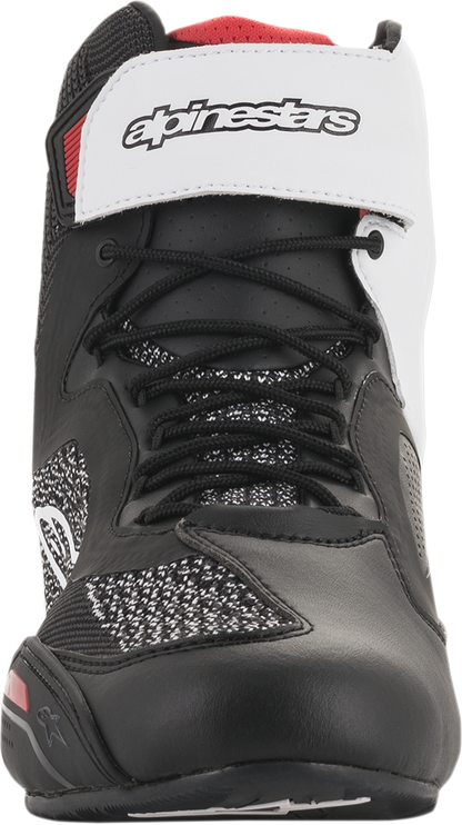 Alpinestars Faster-3 Rideknit® road racing shoes in black, white, and red with US size 8, showcasing aerodynamic design and racing features.