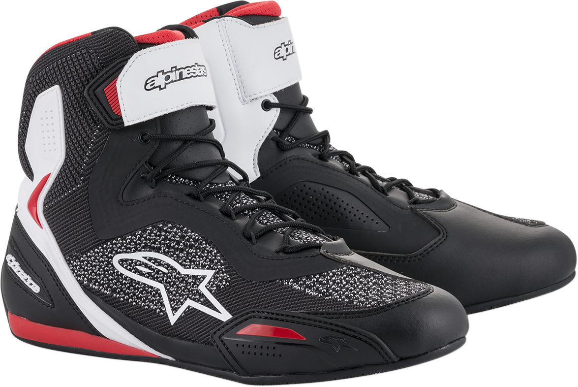 Alpinestars Faster-3 Rideknit road racing shoes in black, white, and red, US size 11, featuring sleek racing design and breathable material.