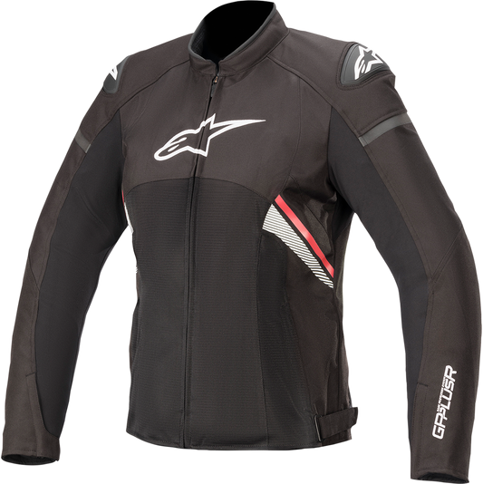 Alpinestars Stella T-GP Plus R v3 Air motorcycle jacket in black, fluo red, and white, XS, with protective armor and ventilation.