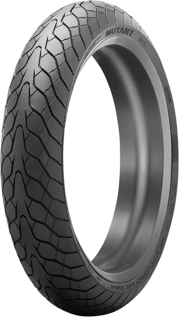 Dunlop Mutant front motorcycle tire 110/80ZR18 with tread pattern and sidewall details, mounted on wheel.