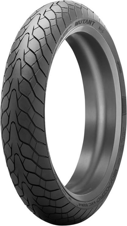 Dunlop Mutant front motorcycle tire 110/80ZR18 with tread pattern and sidewall details, mounted on wheel.