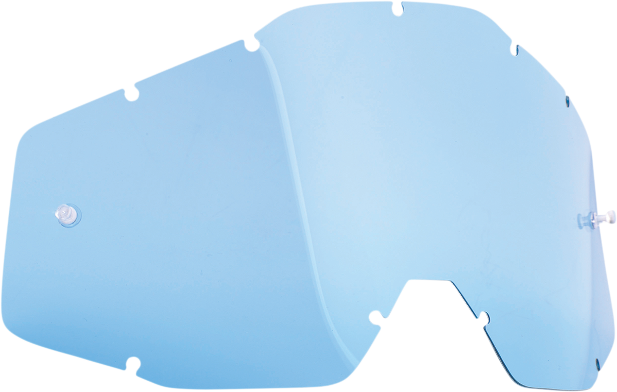 Blue FMF PowerBomb/PowerCore lens F-59005-00002, close-up of the motorcycle lens with brand logo and vibrant blue color.