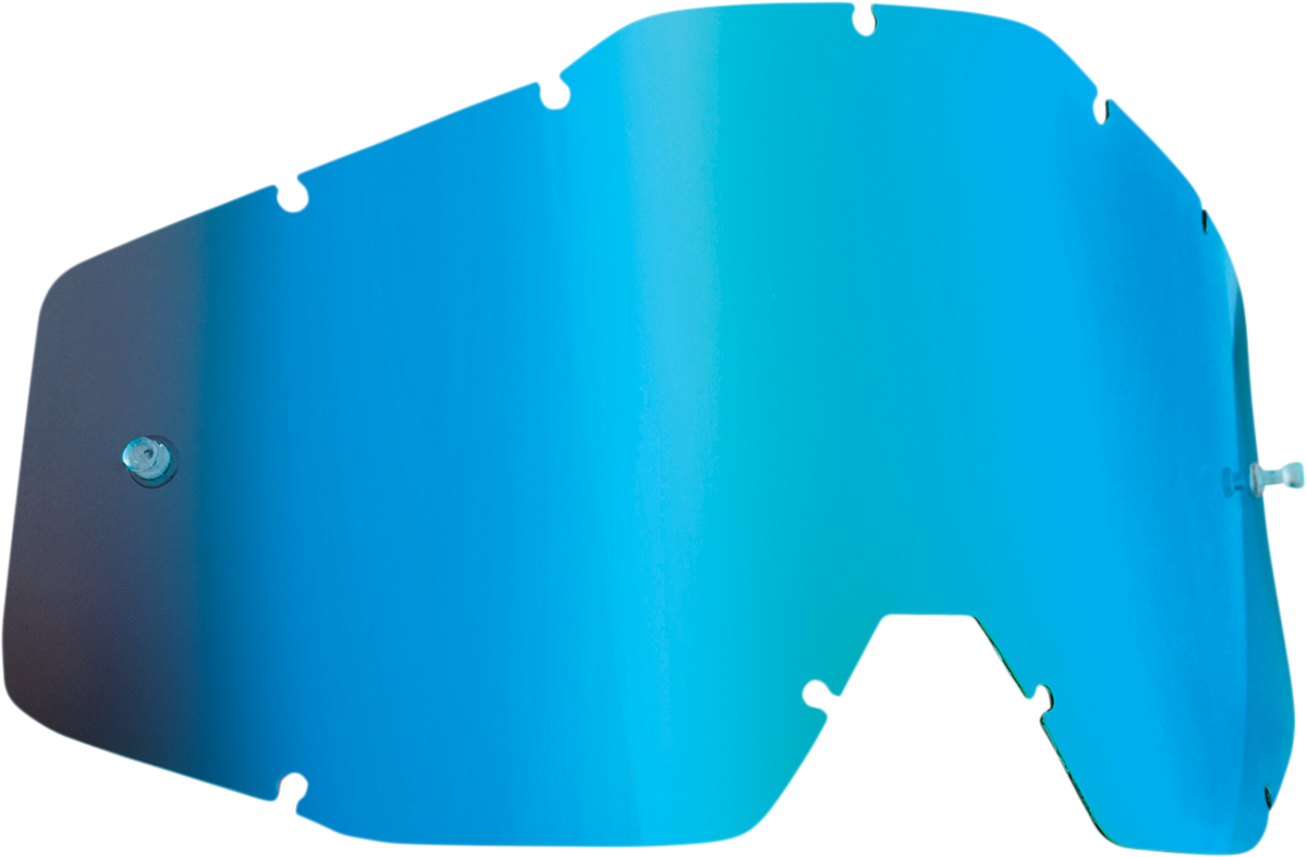 FMF PowerBomb/PowerCore Blue Mirror motorcycle helmet lens showing blue mirrored surface and branding details.