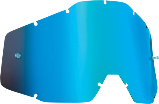 FMF PowerBomb/PowerCore Blue Mirror motorcycle helmet lens showing blue mirrored surface and branding details.