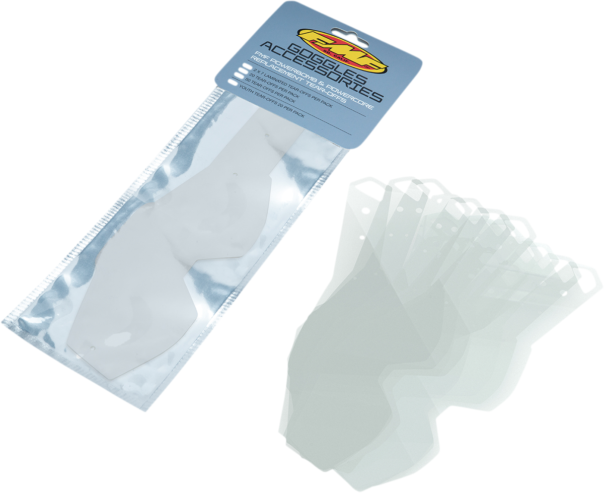 FMF Youth PowerBomb/PowerCore Tear-Offs Standard 20-pack, motorcycle helmet tear-off visors, clear protection for riders.