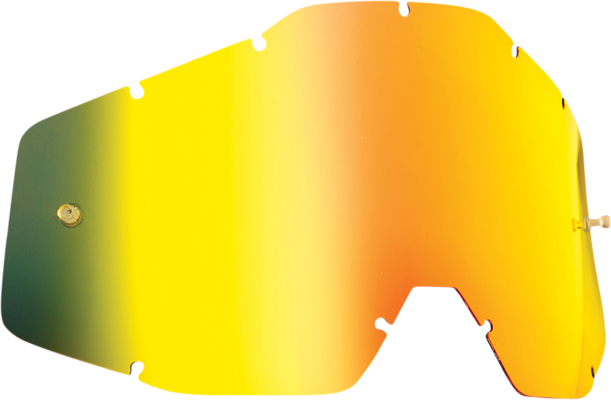 FMF Youth PowerBomb/PowerCore Lens in gold mirror finish, showing reflective lens with black frame and branding details.