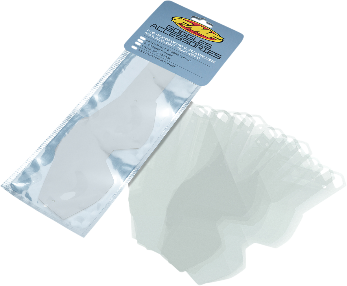 FMF PowerBomb and PowerCore tear-offs for motocross goggles, standard 50-pack, durable and easy to replace.