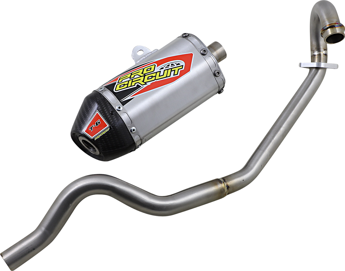 Pro Circuit T-6 exhaust system made of durable stainless steel and aluminum, featuring a sleek, high-performance motorcycle exhaust design.