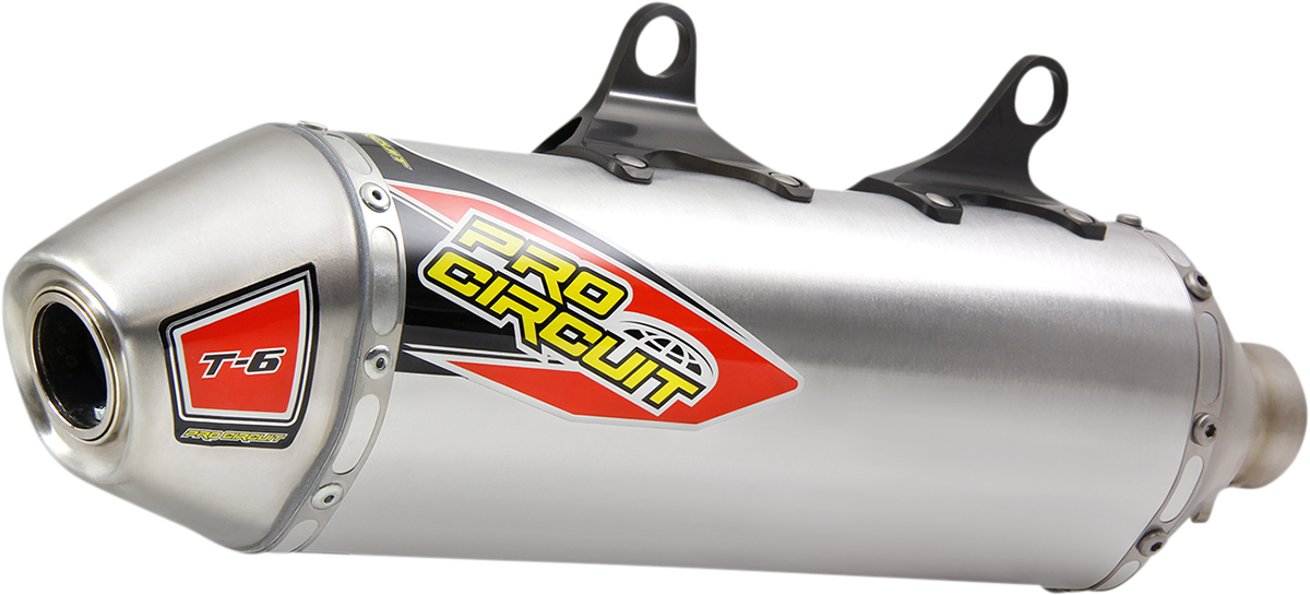 PRO CIRCUIT T-6 stainless steel slip-on muffler for off-road motorcycles, with sleek silencer design and durable construction.