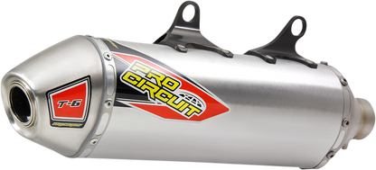 PRO CIRCUIT T-6 stainless steel slip-on muffler for off-road motorcycles, with sleek silencer design and durable construction.
