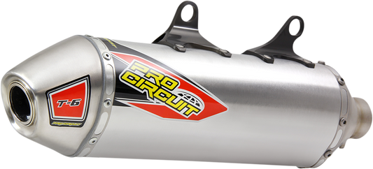 PRO CIRCUIT T-6 stainless steel slip-on muffler for off-road motorcycles, with sleek silencer design and durable construction.