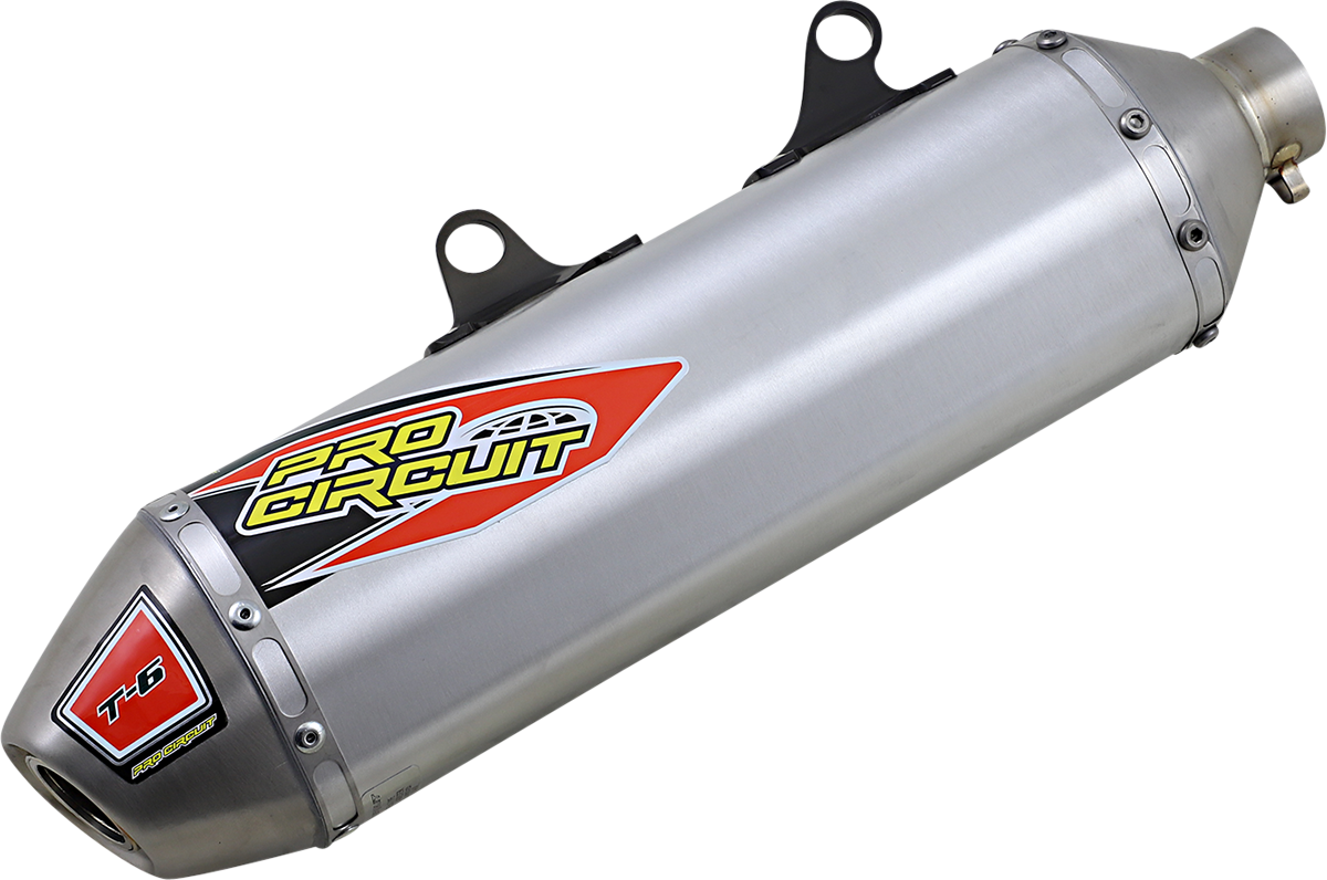 Pro Circuit T-6 stainless steel slip-on muffler for off-road motorcycles, showing the sleek silencer with branding details.