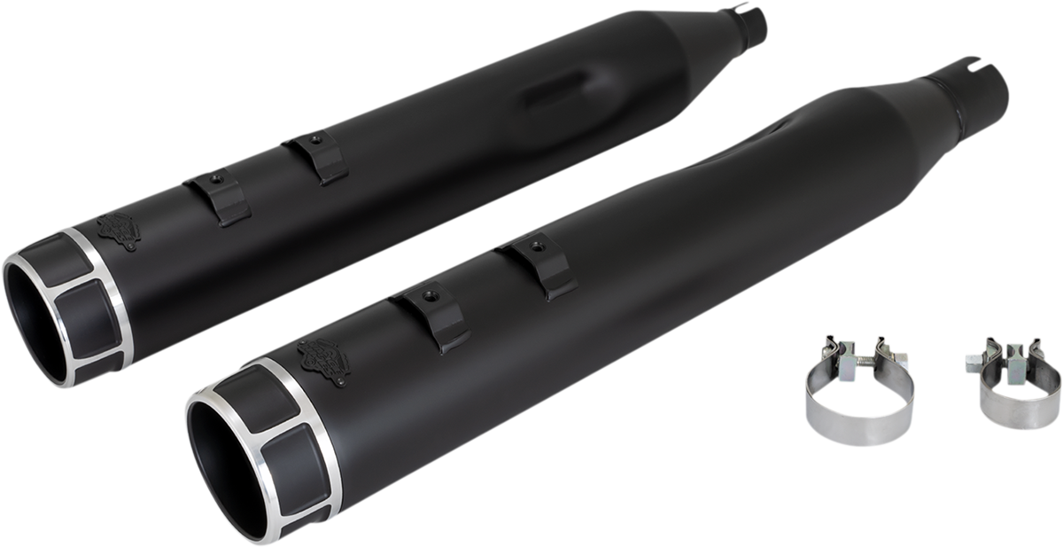 VANCE & HINES 4-1/2" Torquer Slip-On Mufflers with machine cut finish for motorcycle exhaust system, shown from side angle.