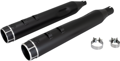 VANCE & HINES 4-1/2" Torquer Slip-On Mufflers with machine cut finish for motorcycle exhaust system, shown from side angle.