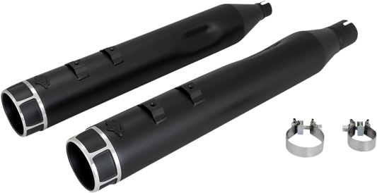 VANCE & HINES 4-1/2" Torquer Slip-On Mufflers with machine cut finish for motorcycle exhaust system, shown from side angle.