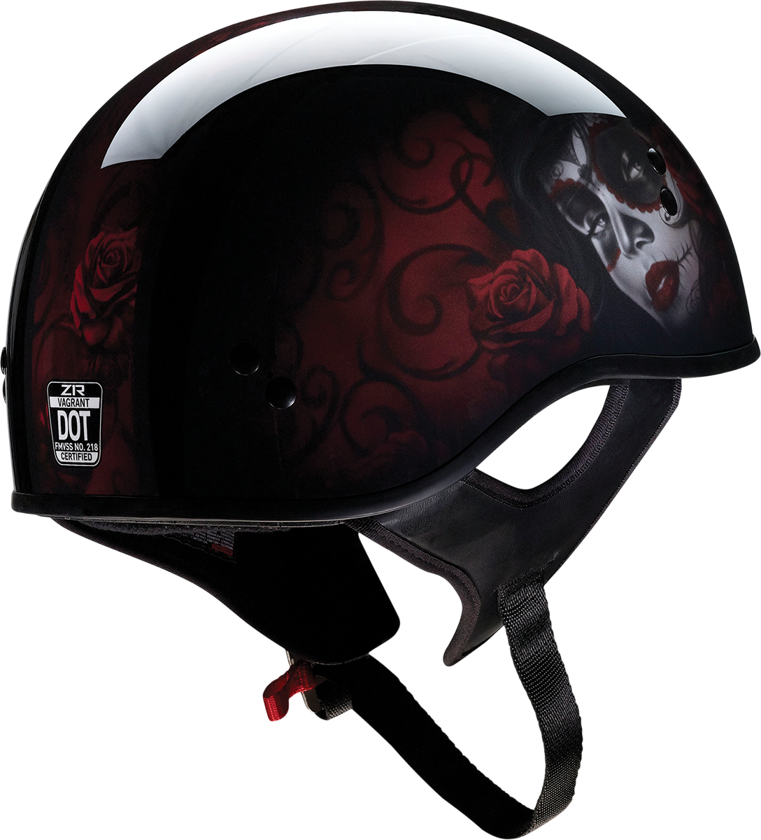 Z1R Vagrant helmet in black and red with Catrina skull design, small size, featuring a sleek motorcycle helmet style.