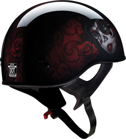 Z1R Vagrant helmet in red Catrina design with black and red finish, medium size, featuring detailed artwork and glossy finish.