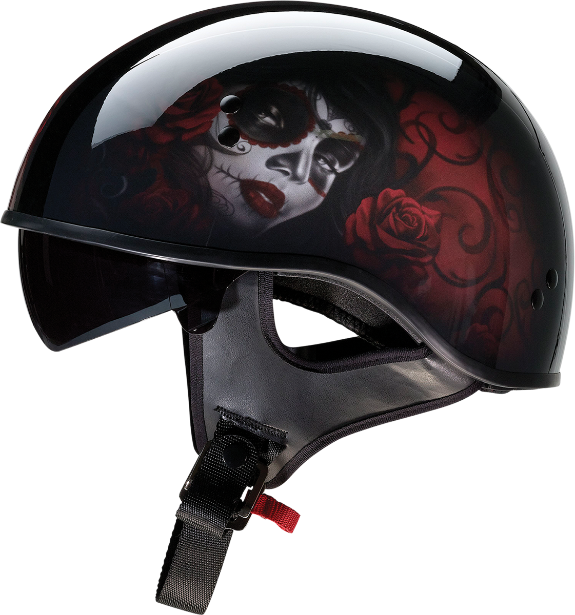 Z1R Vagrant helmet in black and red with Catrina skull design, small size, featuring detailed artwork and aerodynamic shape.