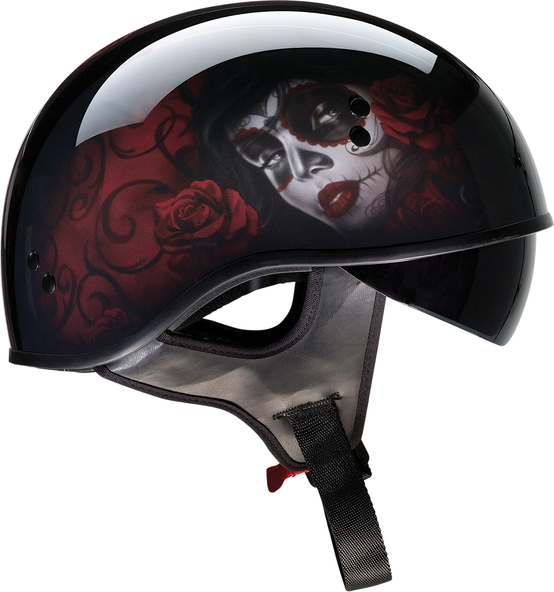 Z1R Vagrant helmet in black and red with Catrina design, small size, featuring detailed artwork and a sleek helmet shape.