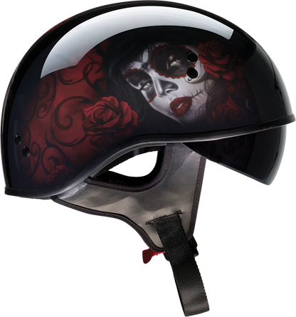 Z1R Vagrant helmet in black and red with Catrina design, small size, featuring detailed artwork and a sleek helmet shape.