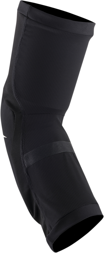 Alpinestars Youth Paragon Plus knee guards in black and white, protective gear designed for kids, size L/XL, shown on a plain background.
