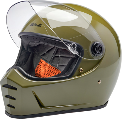 Biltwell Lane Splitter helmet in gloss olive green, XL size, featuring a sleek motorcycle helmet design and matte finish.