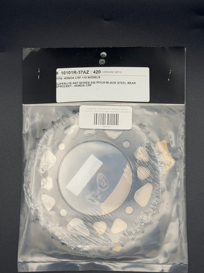 Superlite RS7 Series 420 pitch steel rear sprocket for Honda CRF110 motorcycle, showing the sprocket's teeth and metal finish.