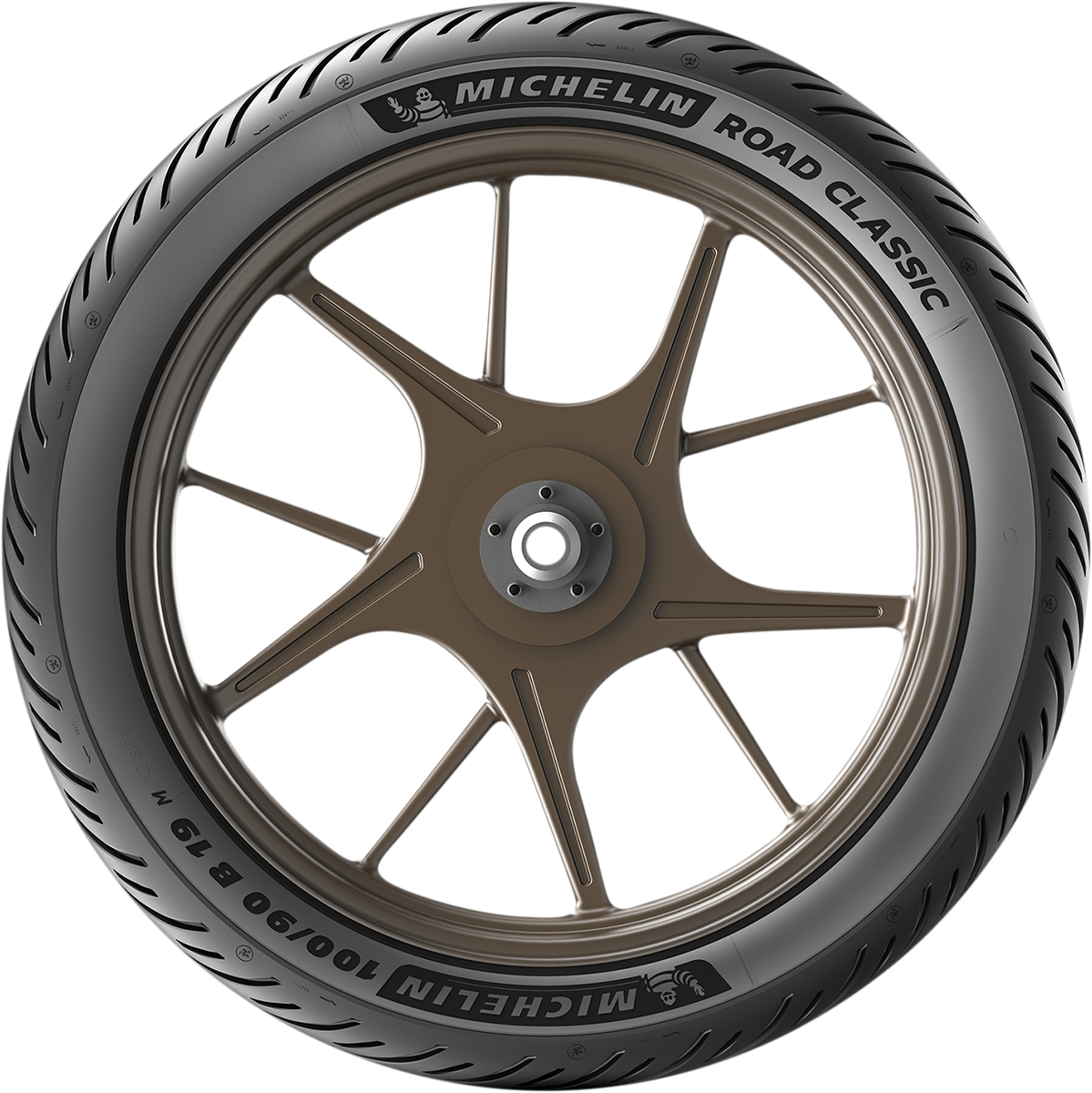 Michelin Road Classic front tire 100/90B19 57V mounted on a Triumph Bonneville T100 or Street Twin motorcycle.