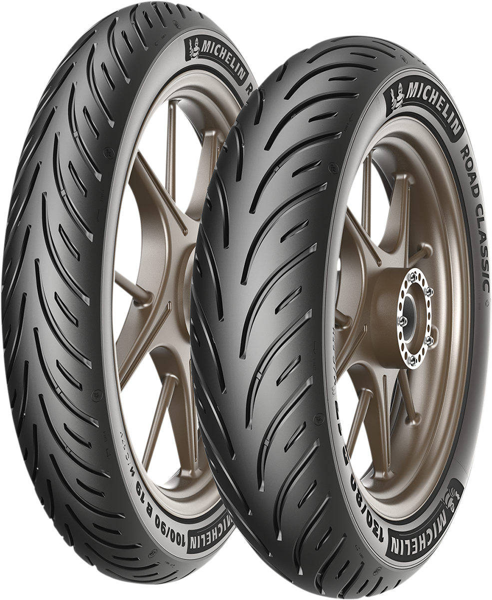 Michelin Road Classic front tire 100/90B19 57V for Triumph Bonneville T100 and Street Twin motorcycle, showing tread pattern and sidewall