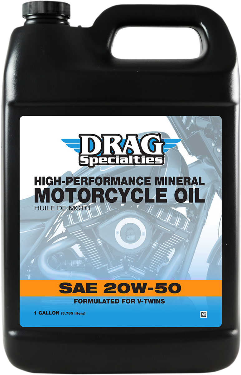 Drag Specialties 20W-50 engine oil in a 1-gallon container, designed for motorcycle engines and machinery maintenance.