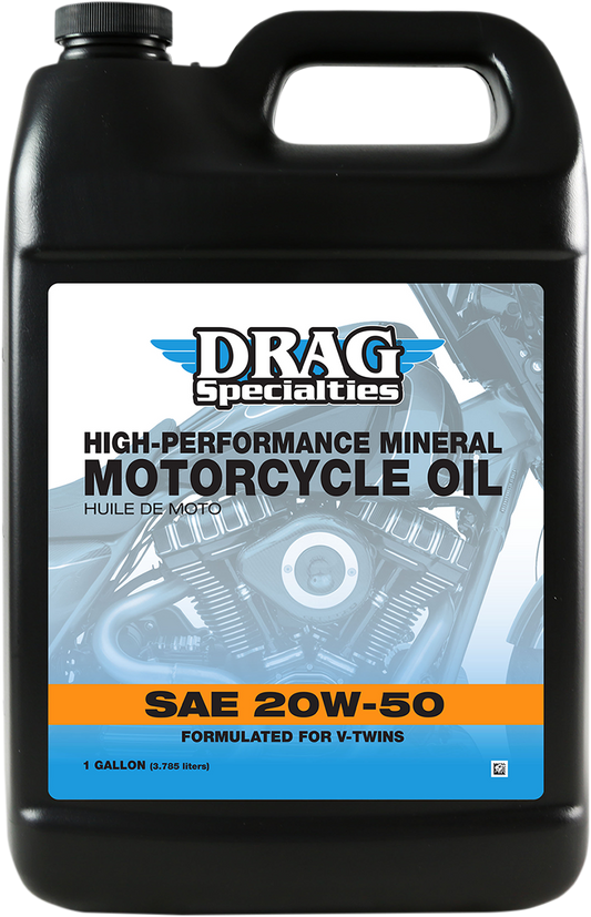 Drag Specialties 20W-50 engine oil in a 1-gallon container, designed for motorcycle engines and machinery maintenance.