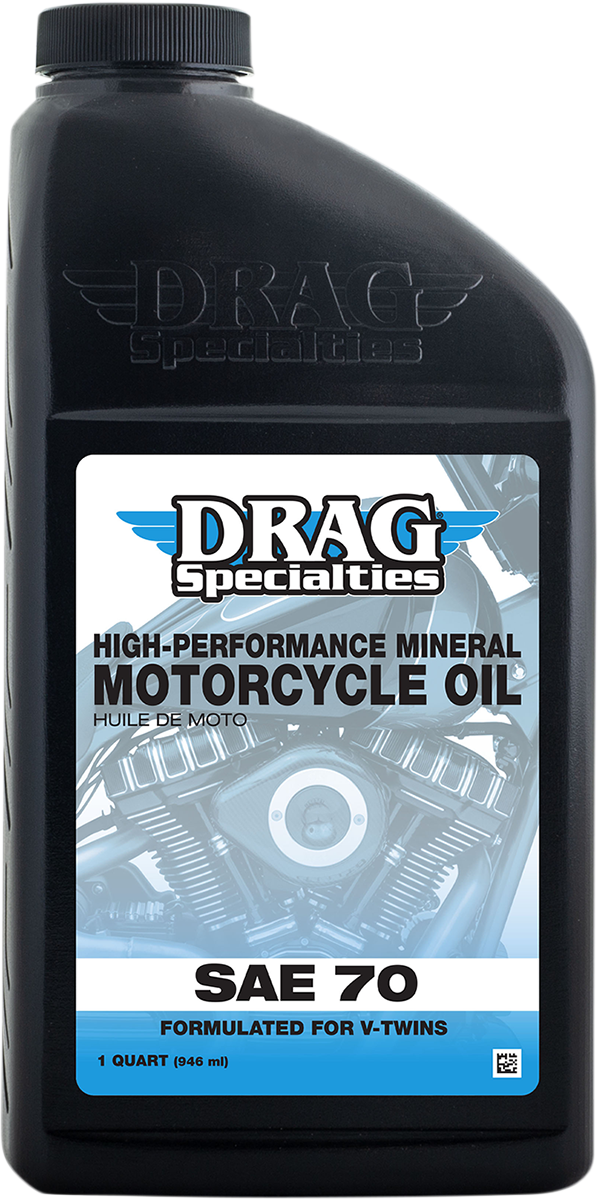 Drag Specialties SAE 70 4-stroke engine oil for Pre-Evolution V-Twin motorcycles, 1-quart container with label visible.